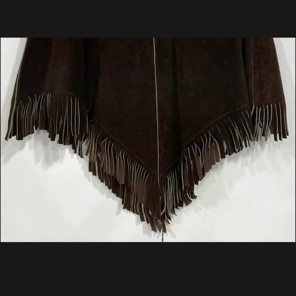 Vintage 70s Brown Suede Leather Fringe Poncho Cape Western Boho Hippie Beaded - Picture 4 of 7